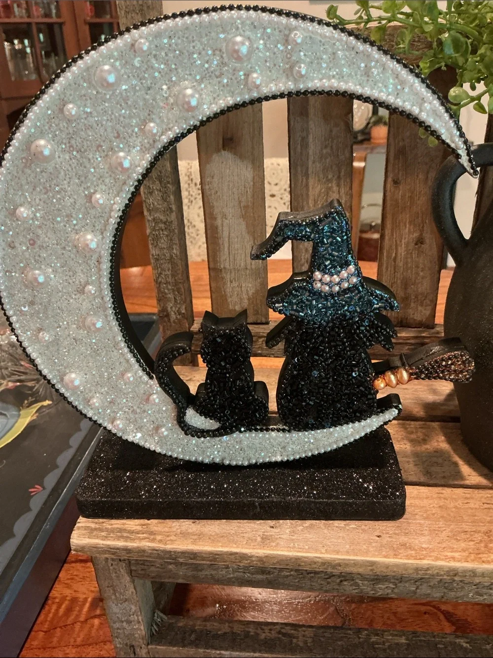 Halloween Beaded and Glitter Witch and Cat On a Moon Tabletop Decor